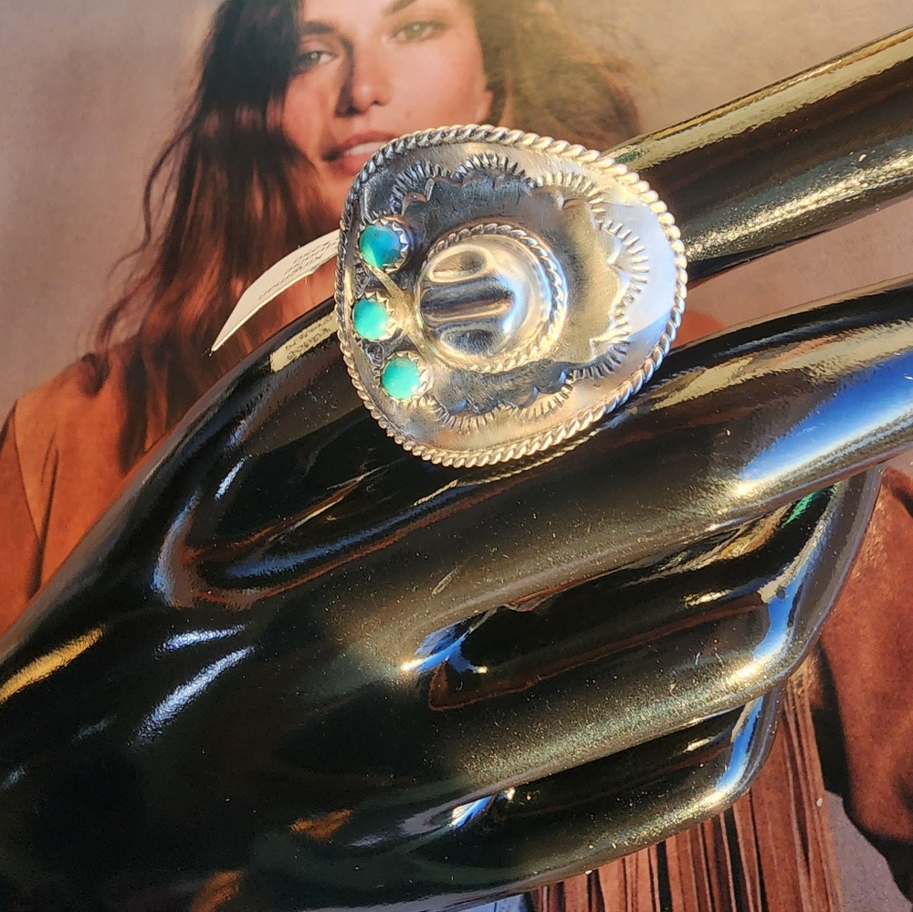Sterling  Silver and Turquoise Cowgirl Hat Ring In Size 9 - Picture 4 of 15